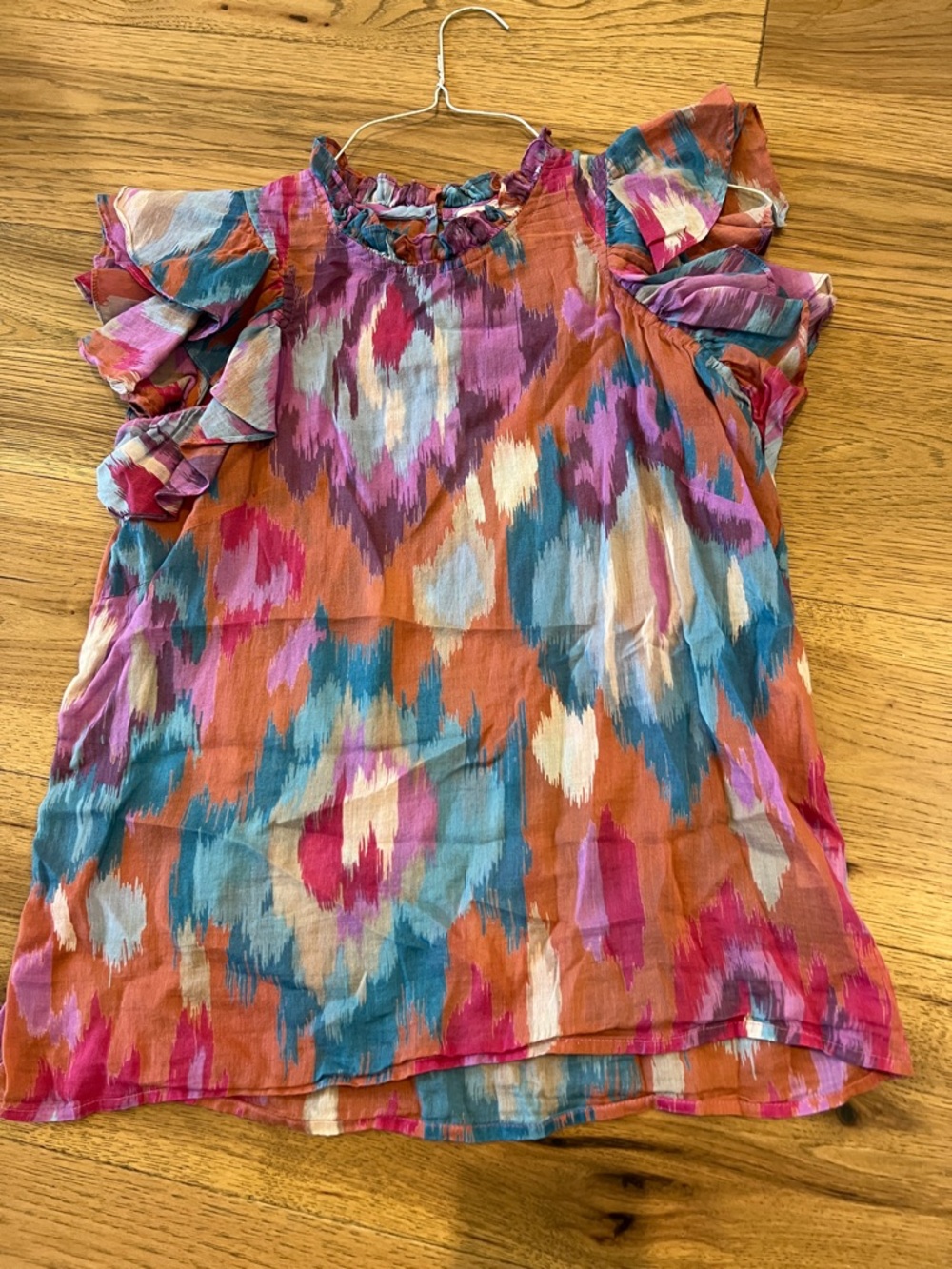 Banjanan Multicolor Ikat-Print Ruffle Sleeve Top - Orange, Blue, Pink